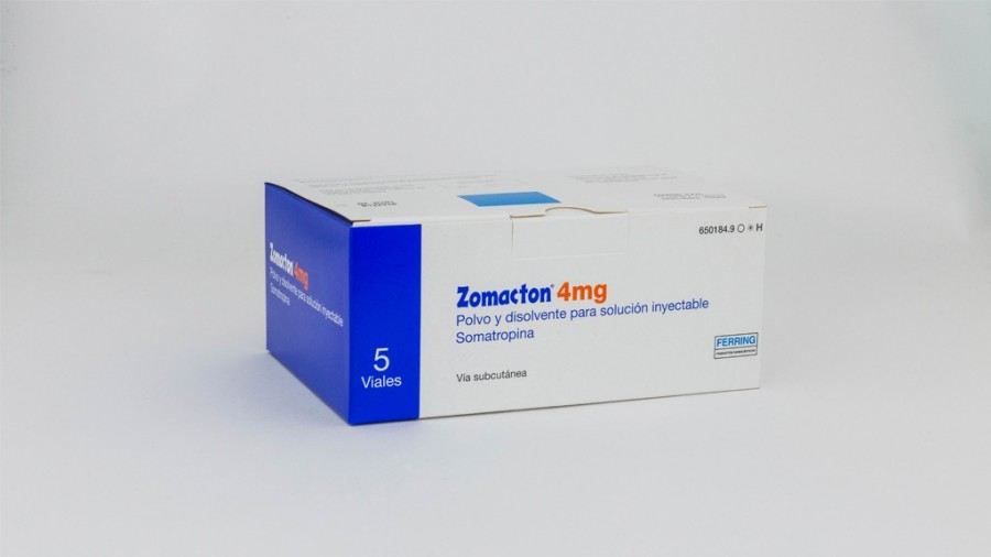 ZOMACTON 4 mg POLVO Y DISOLVENTE PARA SOLUCION  INYECTABLE, 5 Viales + 5 Ampollas + 5 Agujas +5  jeringuilla de transferencia + 10 jeringuillas fotografía del envase.