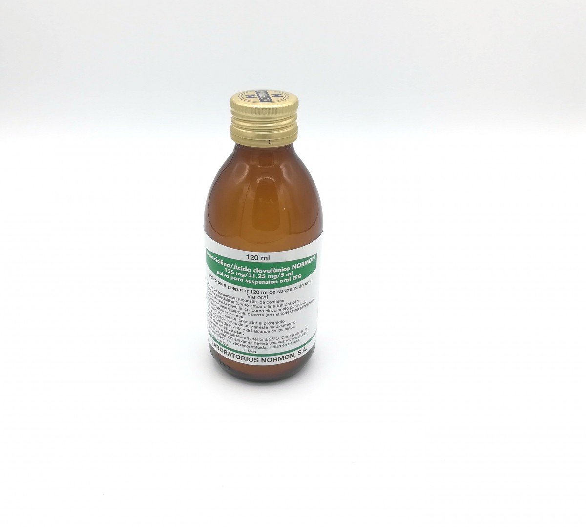 AMOXICILINA/ACIDO CLAVULANICO NORMON 125 mg/31,25 mg/5 ml POLVO PARA SUSPENSION ORAL EFG, 1 frasco de 60 ml fotografía de la forma farmacéutica.