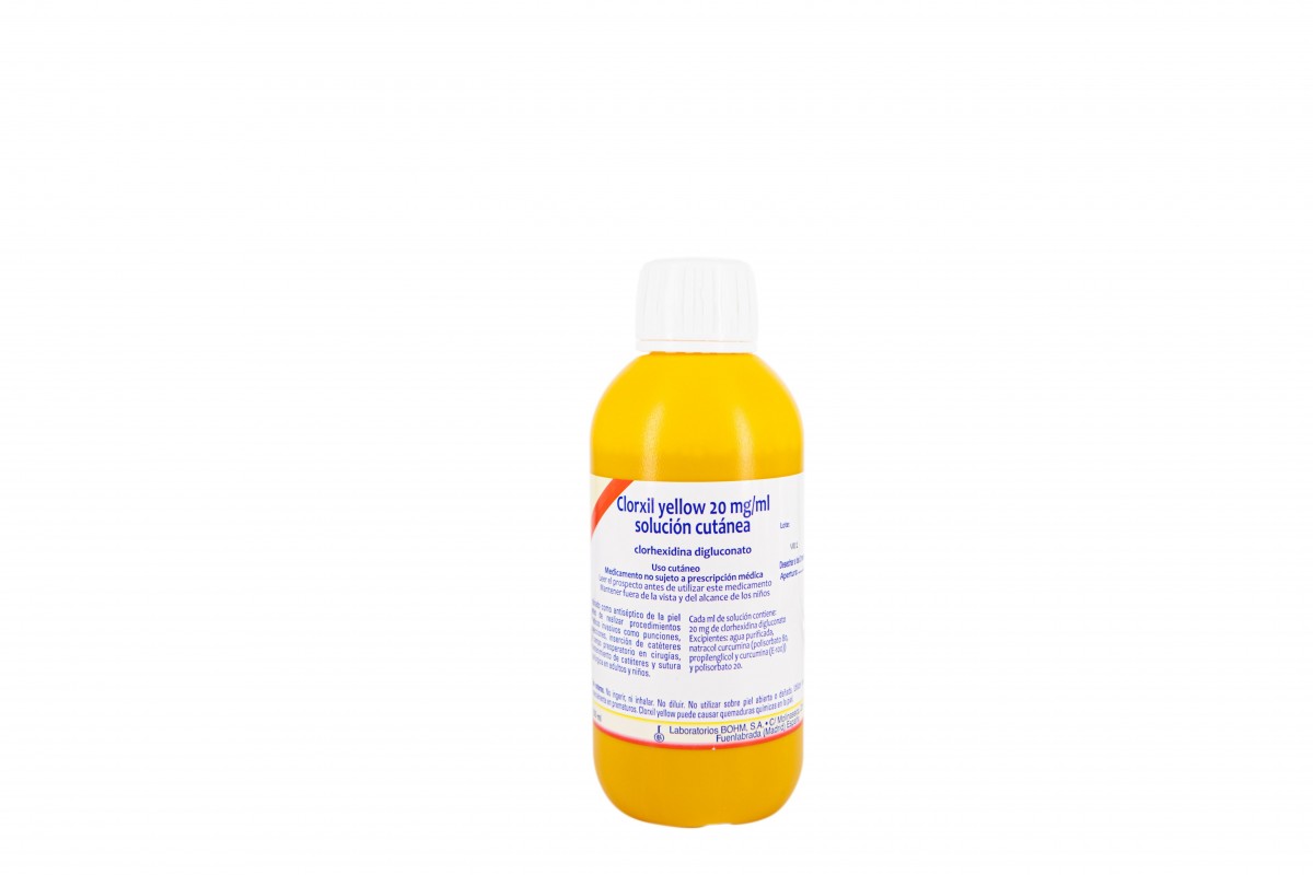 CLORXIL YELLOW 20 MG/ML SOLUCION CUTANEA, 50 frascos de 100 ml fotografía de la forma farmacéutica.