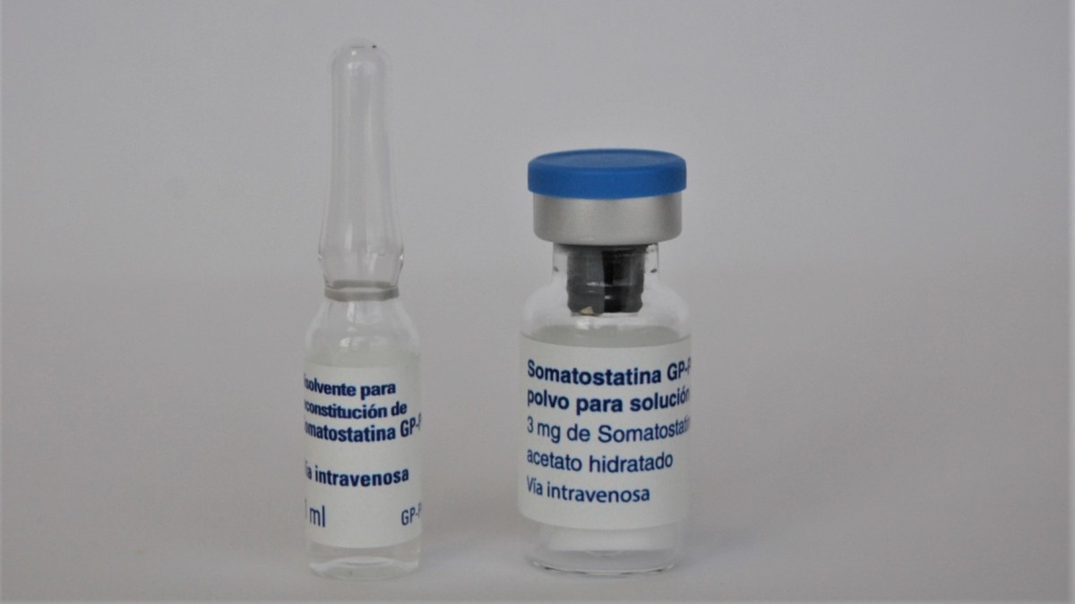 SOMATOSTATINA GP PHARM 3 mg POLVO Y DISOLVENTE PARA SOLUCION PARA PERFUSION EFG , 1 vial + 1 ampolla de disolvente fotografía de la forma farmacéutica.