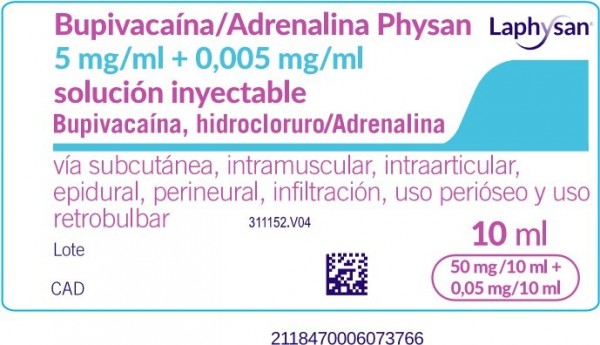 BUPIVACAÍNA/ADRENALINA PHYSAN 5 MG/ML + 0,005 MG/ML SOLUCIÓN INYECTABLE, 100 ampollas de 10 ml fotografía de la forma farmacéutica.