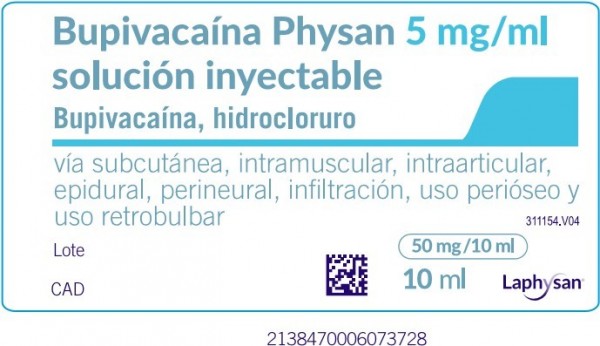 BUPIVACAINA PHYSAN 5 MG/ML SOLUCIÓN INYECTABLE , 100 ampollas de 10 ml fotografía de la forma farmacéutica.