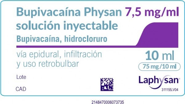 BUPIVACAINA PHYSAN 7,5 MG/ML SOLUCIÓN INYECTABLE , 100 ampollas de 2 ml fotografía de la forma farmacéutica.