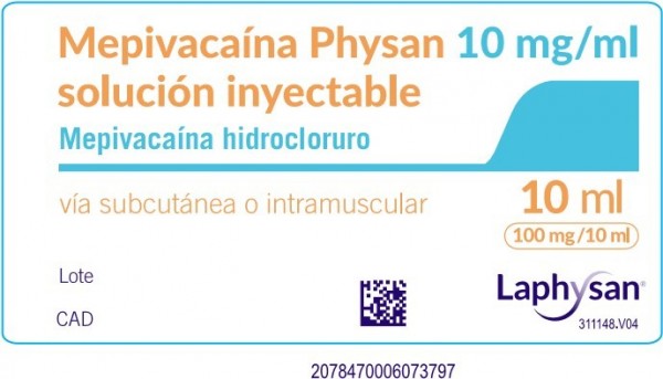 MEPIVACAINA PHYSAN 10 mg/ml SOLUCION INYECTABLE, 50 ampollas de 10 ml fotografía de la forma farmacéutica.