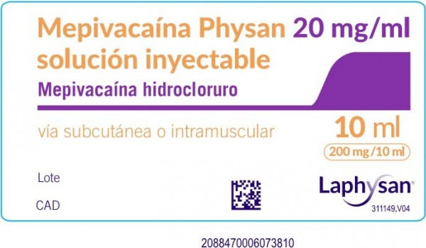 MEPIVACAINA PHYSAN 20 mg/ml SOLUCION INYECTABLE , 100 ampollas de 2 ml fotografía de la forma farmacéutica.