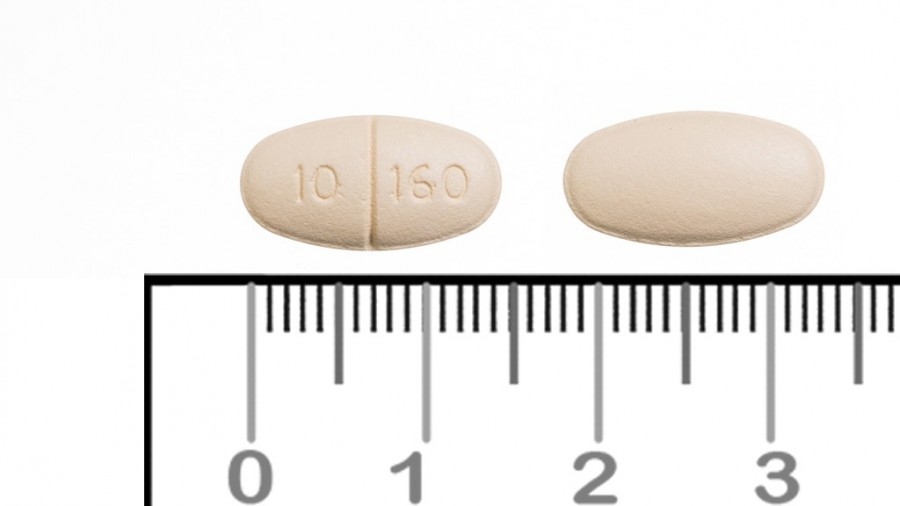 amlodipino/valsartan cinfa 10 mg/160 mg comprimidos recubiertos con pelicula EFG, 28 comprimidos fotografía de la forma farmacéutica.