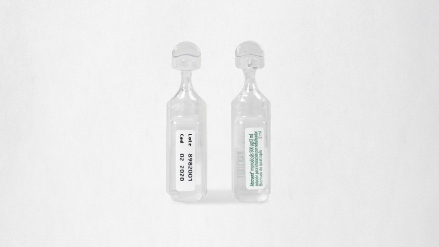ATROVENT MONODOSIS 500 mcg/ 2ml SOLUCION PARA INHALACION POR NEBULIZADOR, 100 ampollas de 2 ml fotografía de la forma farmacéutica.