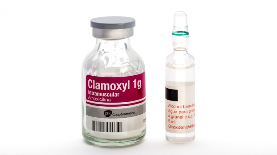 CLAMOXYL 1g INTRAMUSCULAR, 1 vial + 1 ampolla de disolvente fotografía de la forma farmacéutica.