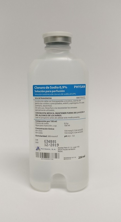 CLORURO DE SODIO PHYSAN 0,9%  SOLUCION PARA PERFUSION , 1 frasco de 100 ml (VIDRIO) fotografía de la forma farmacéutica.