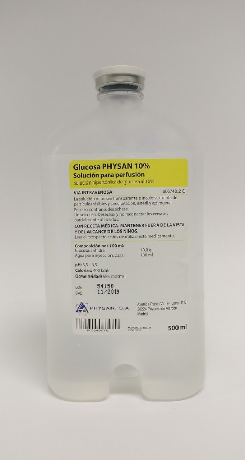 GLUCOSA PHYSAN 10% SOLUCION PARA PERFUSION, 24 frascos de 250 ml (VIDRIO) fotografía de la forma farmacéutica.