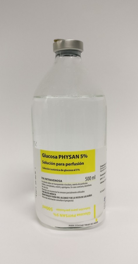 GLUCOSA PHYSAN 5% SOLUCION PARA PERFUSION , 1 frasco de 1.000 ml (VIDRIO) fotografía de la forma farmacéutica.
