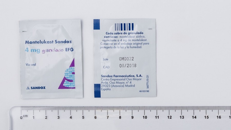 MONTELUKAST SANDOZ 4 mg GRANULADO EFG, 28 sobres fotografía de la forma farmacéutica.