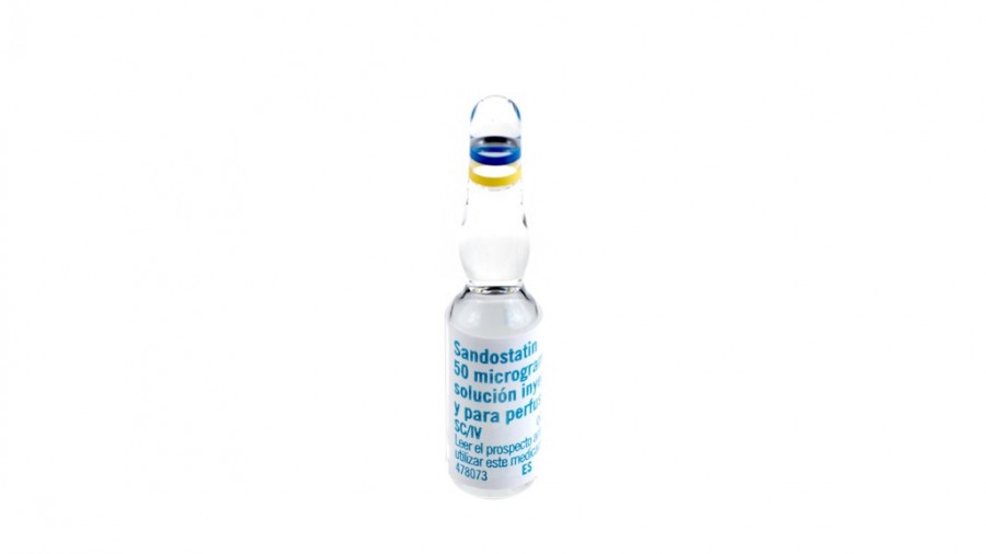 SANDOSTATIN 50 microgramos/ml SOLUCION INYECTABLE Y PARA PERFUSION , 5 ampollas de 1 ml fotografía de la forma farmacéutica.